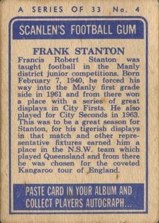 1964 Scanlens NRL #4 Frank Stanton Back